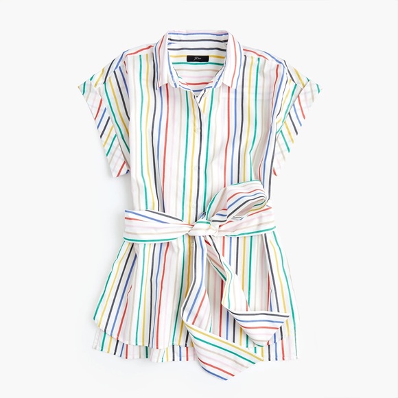 J CREW Button-Front Tie-Waist Top in Rainbow Mini Stripe Poplin - L6710 - Sz XS - Picture 2 of 11